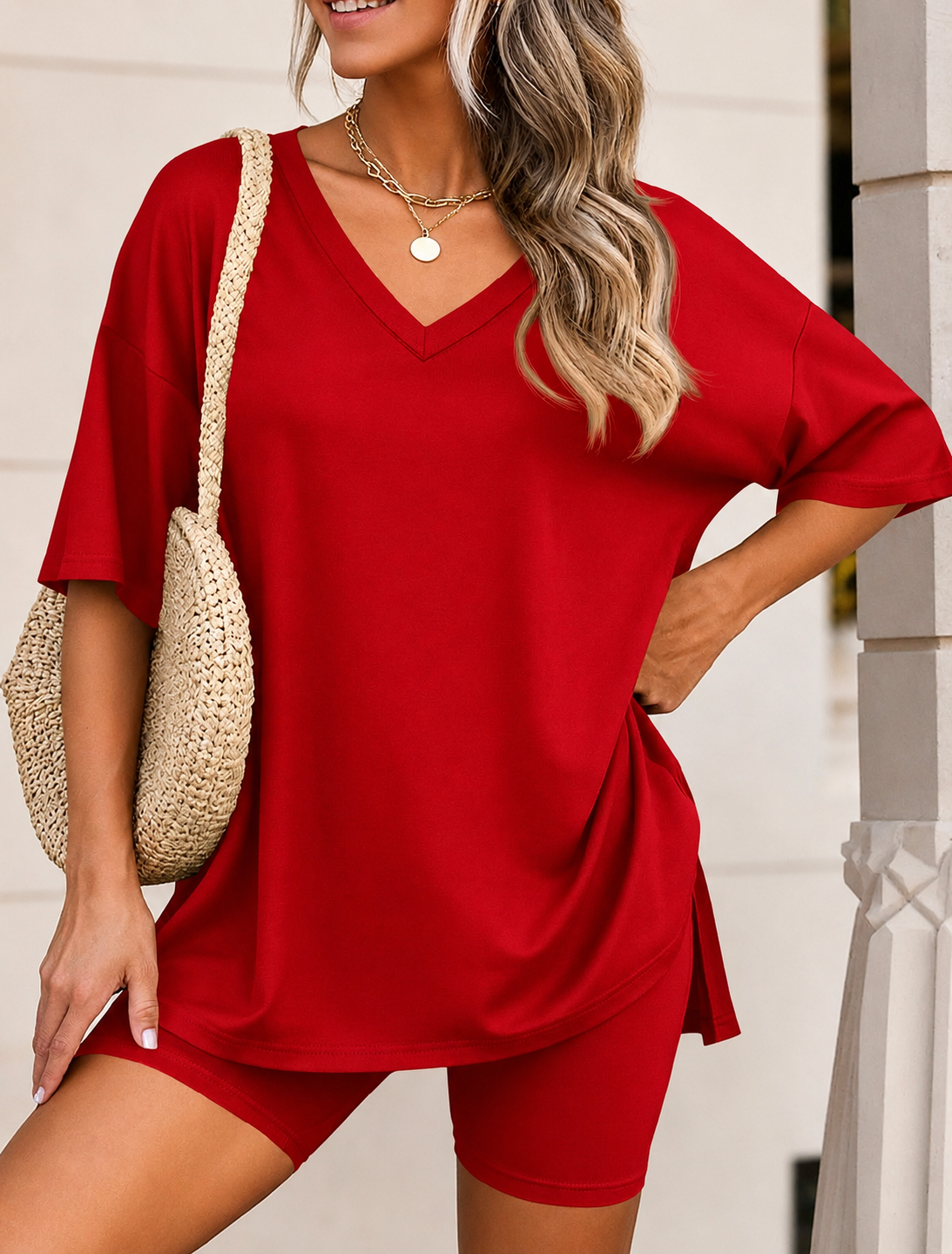 Full Size Casual Loose V-Neck T-Shirt & Shorts Set Plus Size