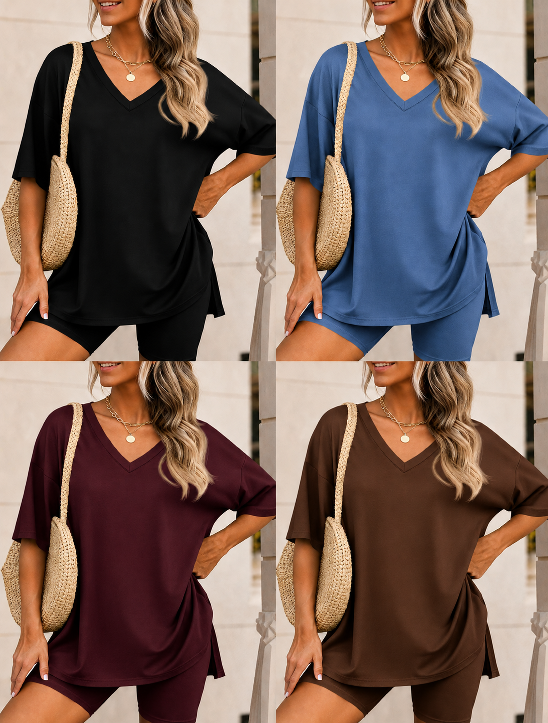 Full Size Casual Loose V-Neck T-Shirt & Shorts Set Plus Size
