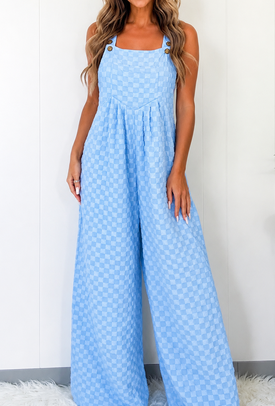 Checkered Pocketed Wide Leg Overalls