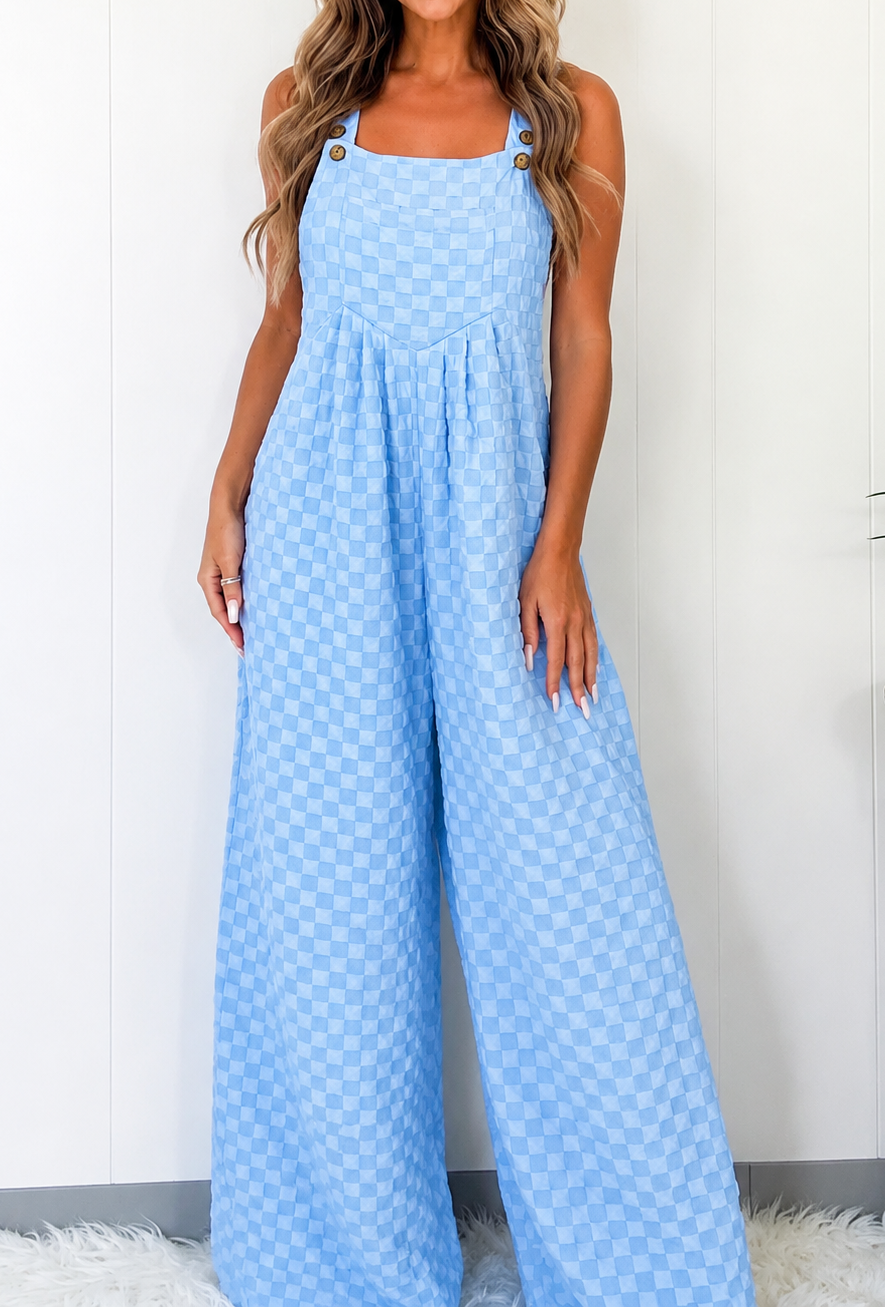 Checkered Pocketed Wide Leg Overalls